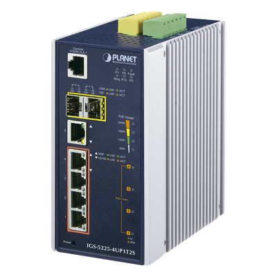 Switch Industrial Administrable / 4 Puertos Gigabit Ultra PoE 60W / 2 Puertos SFP / Rango -40°C a 75°C / IP30 / Riel DIN o Pared