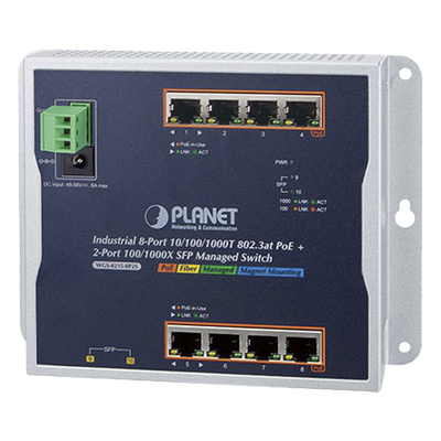 Switch Industrial PoE Administrable de Pared / 8 Puertos Gigabit PoE 802.3at / 2 Puertos SFP 100/1000X / Presupuesto PoE 200W / Alcance hasta 820 pies