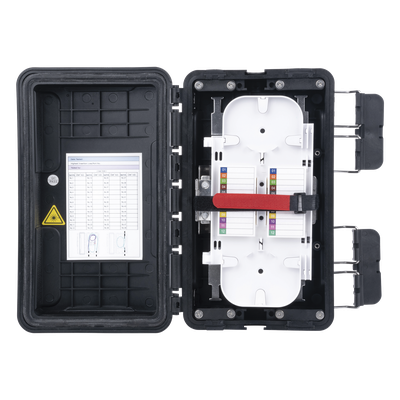 Caja de Distribución de Fibra Óptica / 96 Empalmes / IP65 Exterior / 4 Charolas / Polipropileno + Fibra de Vidrio UV / 2 Entradas 8-20mm y 5-16mm