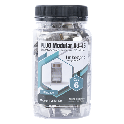 Plug Modular RJ45 / Cat6 Blindado / Pin de Tierra / Chapado Oro 30 Micras / 23 AWG / 100 Piezas