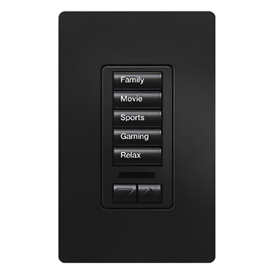 Teclado de Pared Programable / 5 Botones de Escena / Subir-Bajar / Retroiluminado / RF Clear Connect / Alcance 9 m (29.5 ft) / Control de Iluminación y Cortinas