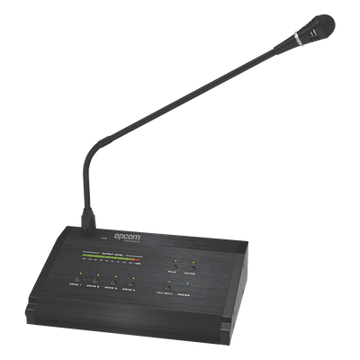 Micrófono de Voceo / 4 Zonas / Comunicación 1 km (3280.8 ft) / Conexión RJ45 / Medidor de Nivel 10 Segmentos / Alimentación 24V DC