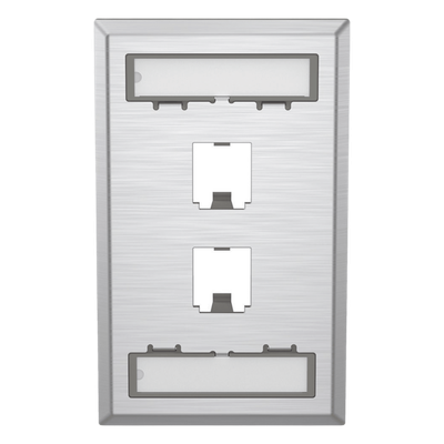 Placa de Pared Vertical / Acero Inoxidable Grado 304 / 2 Puertos Mini-Com / 2.75 x 4.5 in / Espacios para Etiquetas