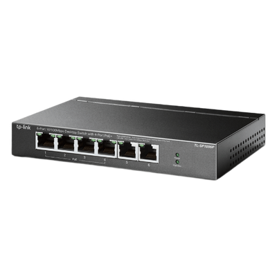 Switch PoE no administrable / 6 puertos 10/100 Mbps / 4 puertos PoE 802.3af/at / Presupuesto 67 W / Extensor hasta 250 m (820 ft) / Prioridad video