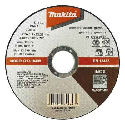 Disco de Corte / Acero Inoxidable / 115 mm (4-1/2') / Eje 7/8' / Espesor 1.2 mm
