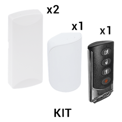 Kit Sensores Inalámbricos / 345 MHz / 2 Contactos Magnéticos / 1 PIR Inmunidad Mascotas 31 kg / 1 Llavero / 12 m (39.4 ft) 90° / Batería 5 Años