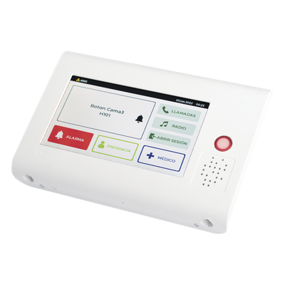 Terminal Inteligente para Habitación Hospitalaria / Pantalla Táctil 7" / RFID 125 kHz / VoIP SIP Bidireccional / PoE IEEE 802.3af / Bus RS485 / Carcasa Antibacteriana