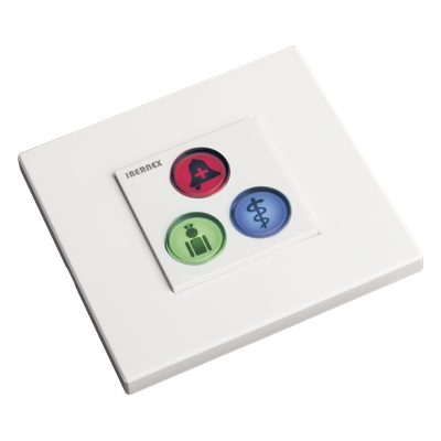 Módulo de Botones para Llamada Paciente-Enfermera / 3 Teclas Iluminadas / Lector RFID 125 KHz / BUS RS485 / Instalación Empotrada 2x2 pulgadas o Superficie