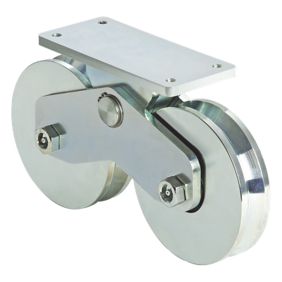 Rueda Doble para Puerta Corrediza / 12 cm Diámetro / 1200 kg Carga / Canal V / 10.04 kg Peso / 0.39 pies Diámetro