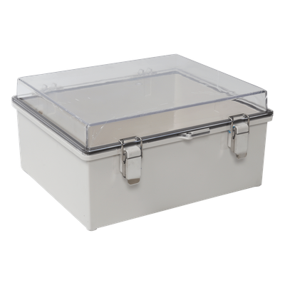Gabinete Plástico ABS / IP66 / Puerta Transparente Policarbonato / 190 x 290 x 140 mm / Cierre Broche Inoxidable / Compatible Candado Perno 5 mm