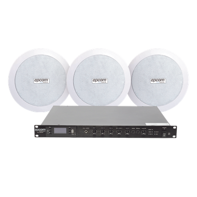 Kit de Amplificador de 120W RMS para Rack / Salida 100V/4Ω / 3 Altavoces de Plafón Coaxiales 5.5" / Sistema 70/100V / Bluetooth, MP3, USB, FM / 4 Entradas de Micrófono / Resistente a Humedad