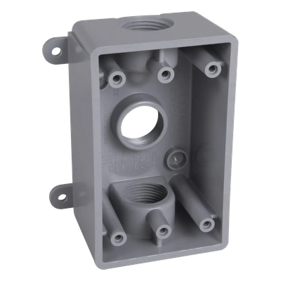 Caja Impermeable / 1 Gang / 3 Salidas Roscadas 1/2 - 3/4 in / Profundidad 2 in (5.08 cm) / 16.5 in³ / Gris