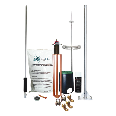 Kit de Pararrayo Dipolo Corona / Ángulo de Protección 72° / Mástil 1.2 m (3.9 ft) / Electrodo 45A / Mejorador de Suelo 11 kg / Base Plana Integrada
