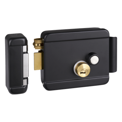 Cerradura Eléctrica con Botón de Salida / Doble Cerrojo / 12 VDC 2.5 A / Activación por Pulso 2 s / Exterior Izquierda / Cuerpo 129 x 103 x 38 mm