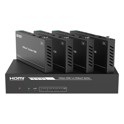 Splitter HDMI HDBaseT / 1x4 Distribución / 4K@60Hz 4:4:4 / Alcance 120 m (393.7 ft) en 4K / 150 m (492.1 ft) en 1080p / PoC / Audio Extraíble / EDID Avanzado / IR y RS232