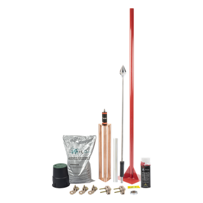 Kit Pararrayos / Protección 80 m (262.5 ft) de Diámetro / Punta con Mástil 1.2 m (3.9 ft) / Electrodo 100A / Mejorador de Suelo H2OHM / Conectores de Bronce / Aluminio Magnetoactivo