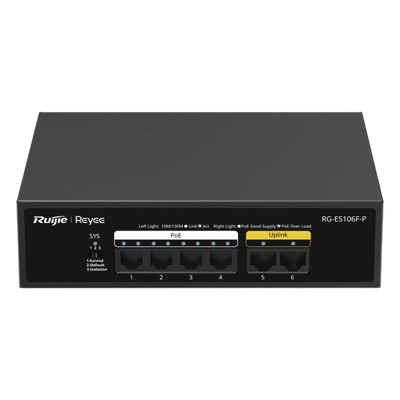 Switch PoE+ / 6 Puertos 10/100 Mbps / 54W PoE Total / No Administrable / Sin Ventilador