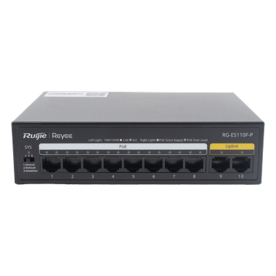 Switch PoE+ no administrable / 8 puertos PoE+ 10/100 / 2 uplinks 10/100 / 110W total / 2.0 Gbps switching