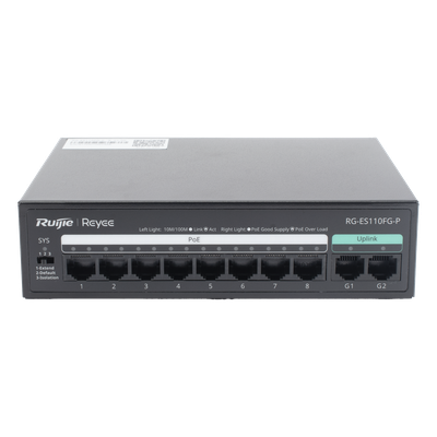 Switch PoE+ No Administrable / 8 Puertos PoE+ 10/100 / 2 Uplinks Gigabit / 110 W / Sin Ventilador / Protección 4 kV