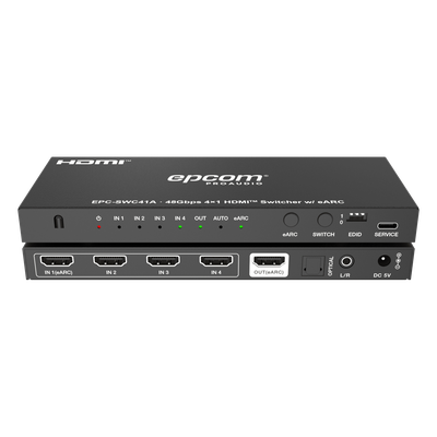 Switch HDMI 4x1 / 8K@60Hz 4:2:0 / 48 Gbps / ARC/eARC / Extracción de Audio Óptico y Analógico / Control CEC / Gestión EDID / USB-C Firmware
