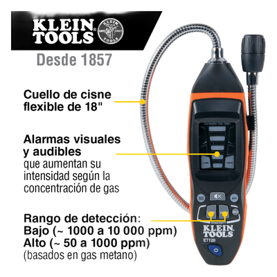 Detector de Fugas de Gas Combustible / 50-10,000 ppm / Sensor Electroquímico / Cuello Flexible 18'' (1.5 ft) / Alarma 85 dB