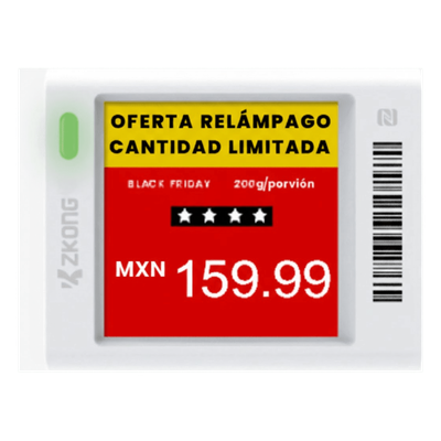 Etiqueta Electrónica de Estantería / Pantalla EPD 1.5" / 152x152 Píxeles / 4 Colores / BLE 5.0 con AES-128 / Autonomía 3 Años / NFC / 180° Visión