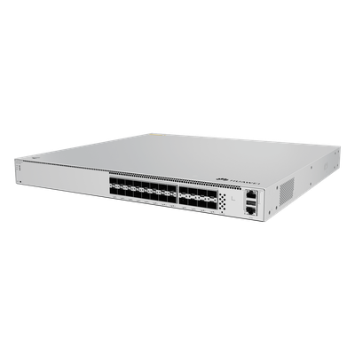 Switch Core Capa 3 / 16 puertos SFP 10 Gbps + 8 puertos SFP28 25 Gbps / Conmutación 1,120 Gbit/s / Reenvío 833 Mpps / iStack sin licenciamiento / Ruteo dinámico RIP/OSPF/BGP/IS-IS / Fuente AC/DC intercambiable / 1U