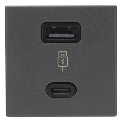 Módulo de Carga USB Doble / 30W PD+QuickCharge / USB-A + USB-C / 45x45 mm / Grafito
