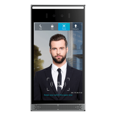 Videoportero IP / Pantalla Táctil IPS 8" / Reconocimiento Facial 10,000 Rostros / Cámara 2MP Lente Dual / 7 Métodos de Acceso / BLE + Wiegand / IP66 IK07 / PoE
