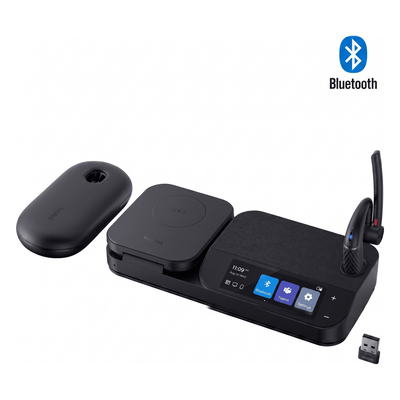 Auricular Bluetooth Mono / Cancelación de Ruido 4 Micrófonos / Autonomía 30 h / Pantalla Táctil 3" / Hub USB / Carga Inalámbrica Qi 15W