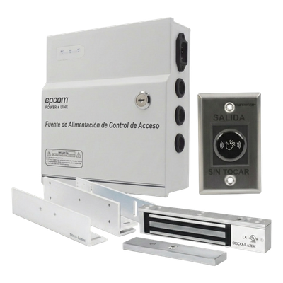 Kit de Control de Acceso / Fuente 12 VCD 5A / Chapa Magnética 600 lbs / Botón Sin Contacto / Montajes L y Z / Batería de Respaldo Opcional