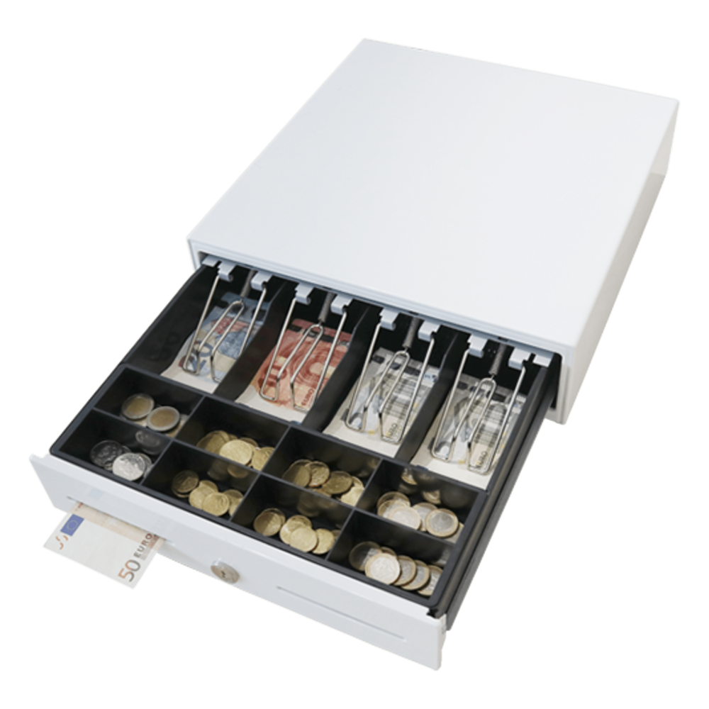 Cajón de Efectivo / Compacto 330 mm / 4 Billetes + 8 Monedas / Apertura RJ11 / Cerradura con Llave / Punto de Venta