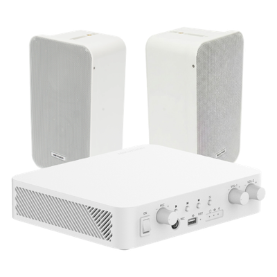 Kit Amplificador 100V / 2 Canales 30W / Bluetooth / USB / RCA / 2 Altavoces Pared 20W / IP66