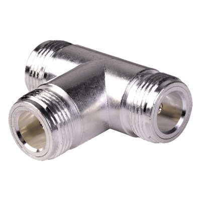 Adaptador RF en T / Triple Conector N Hembra / Cuerpo Bronce Plateado / Contacto Oro / Aislante Teflón