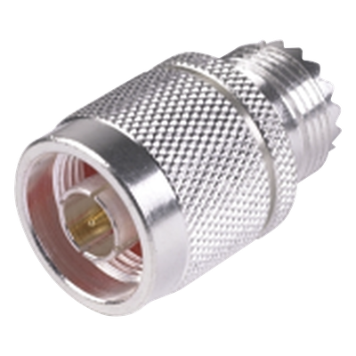 Adaptador Coaxial en Línea / Conector N Macho a UHF Hembra (SO-239) / Cuerpo Bronce Plateado / Contacto Oro / Aislante Teflón