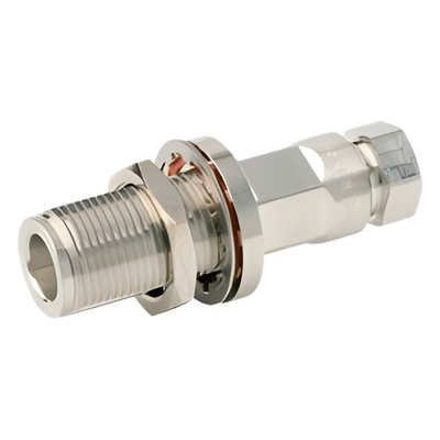 Conector N Hembra de Chasis / Auto-sujetado / FSJ1-50A 1/4" / 50 Ω / DC-6000 MHz / Oro-Plata-Trimetal