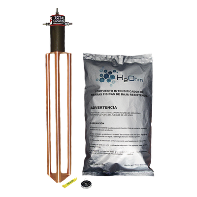 Electrodo de Puesta a Tierra / 45 Amp / Filtro LCR / Resistencia < 2 Ohm / Cobre Electrolítico / Compuesto H2Ohm / 20 Años Sin Mantenimiento
