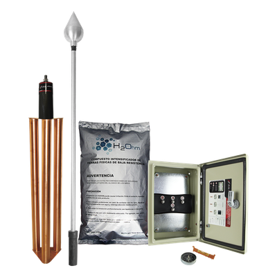 Kit de Protección Contra Rayos / 160 m (524.9 ft) de Diámetro de Protección / Punta de Acero Inoxidable / Mástil 1.2 m (3.9 ft) / Electrodo 100 kA / Mejorador de Suelo 11 kg