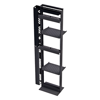Kit organizador de redes / Rack 19' tipo L 45U / 2 organizadores verticales 45U total / 2 organizadores horizontales 2U / Regleta 8 salidas / Charolas y accesorios