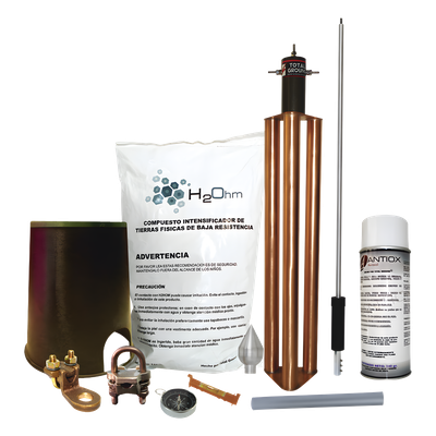 Kit de Protección Contra Tormentas Eléctricas / 80 m (262.5 ft) de Diámetro de Protección / Mástil 1.2 m (3.9 ft) / Electrodo 100 A / Mejorador de Suelo 11 kg / Sistema Externo e Interno