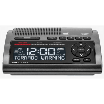 Radio de Alerta Meteorológica / 7 Canales NOAA y Environment Canada / Sirena 85 dB / 25 Ubicaciones Programables / Reloj Dual / Carga USB